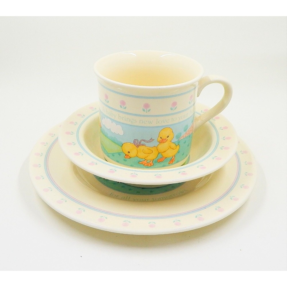 Hallmark Heirloom Collection Chick Lamp Child Dish Set Plate Bowl Cup 1984 3 PC